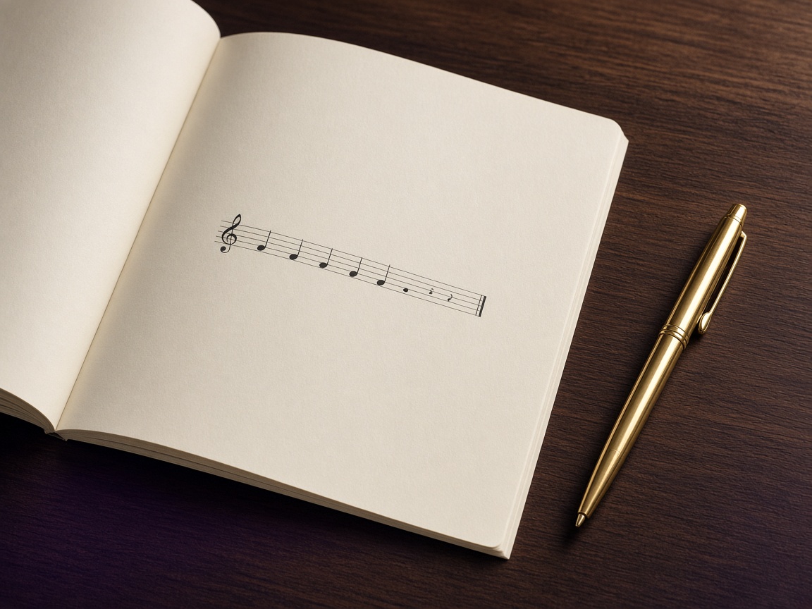 An open music book with a short staff and a gold pen.